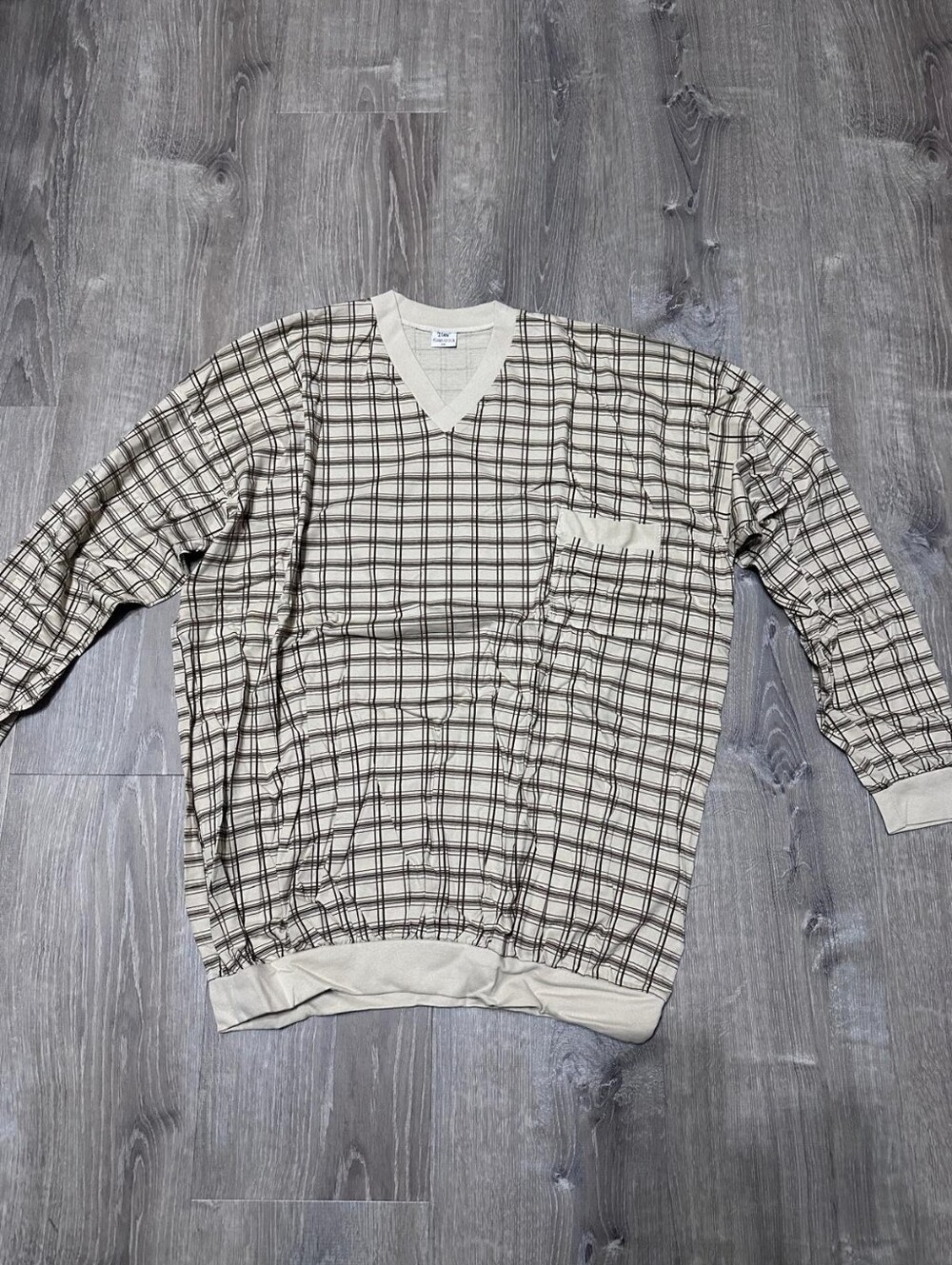 Men's Beige Plaid V-Neck Pajama
